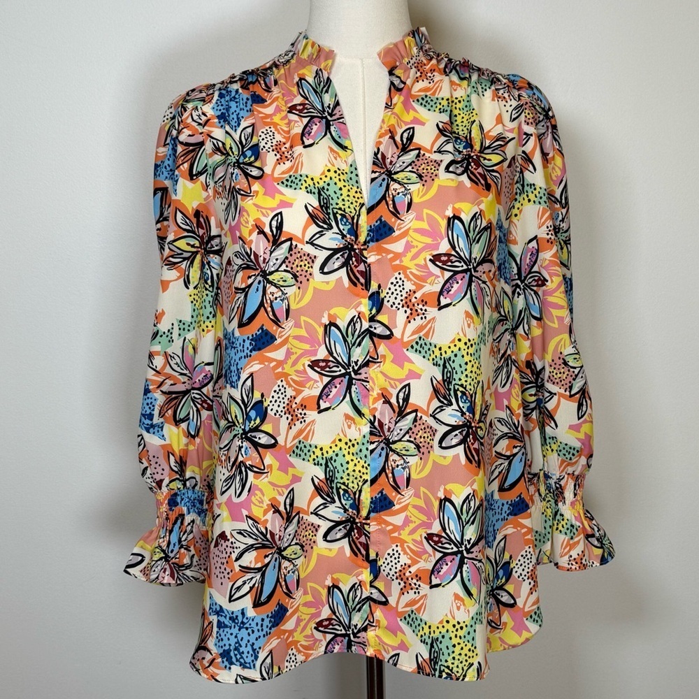 JADE | Melody Tam Colorful Floral 3/4 Sleeve Split Neck Blouse Women’s Size XS